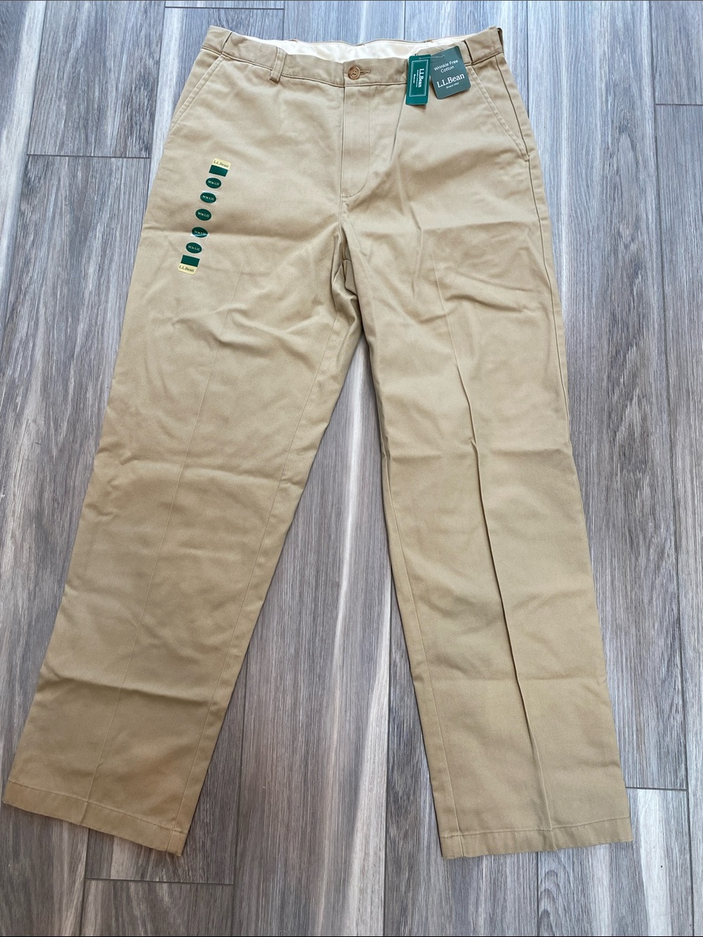 NWT L.L. Bean Double L Chinos 36 x 32 Dark Khaki Hidden Comfort Plain Front Pant